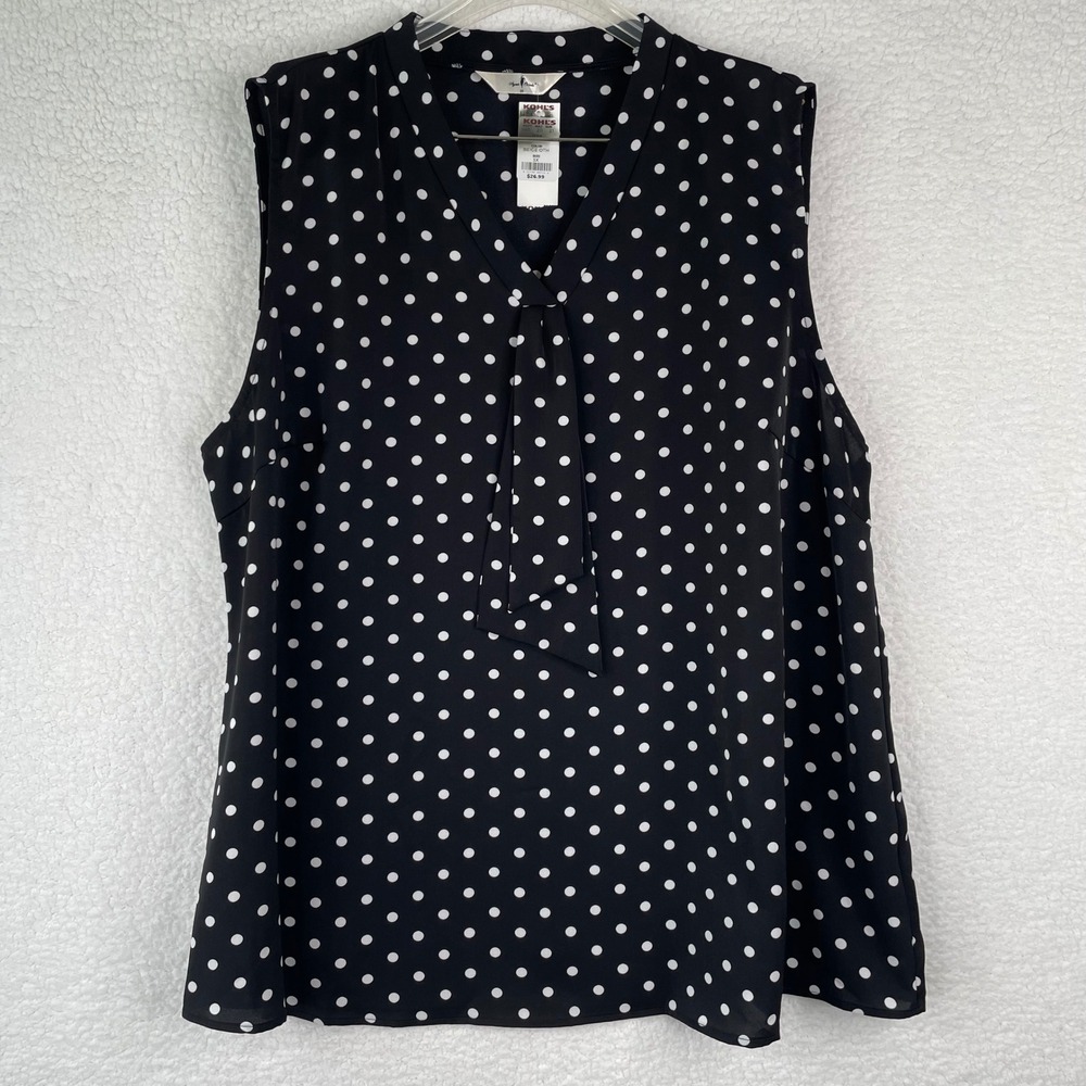 Agnes Orinda Womens Plus 3X Polka Dot Tie Neck Sleeveless Blouse Black White NEW
